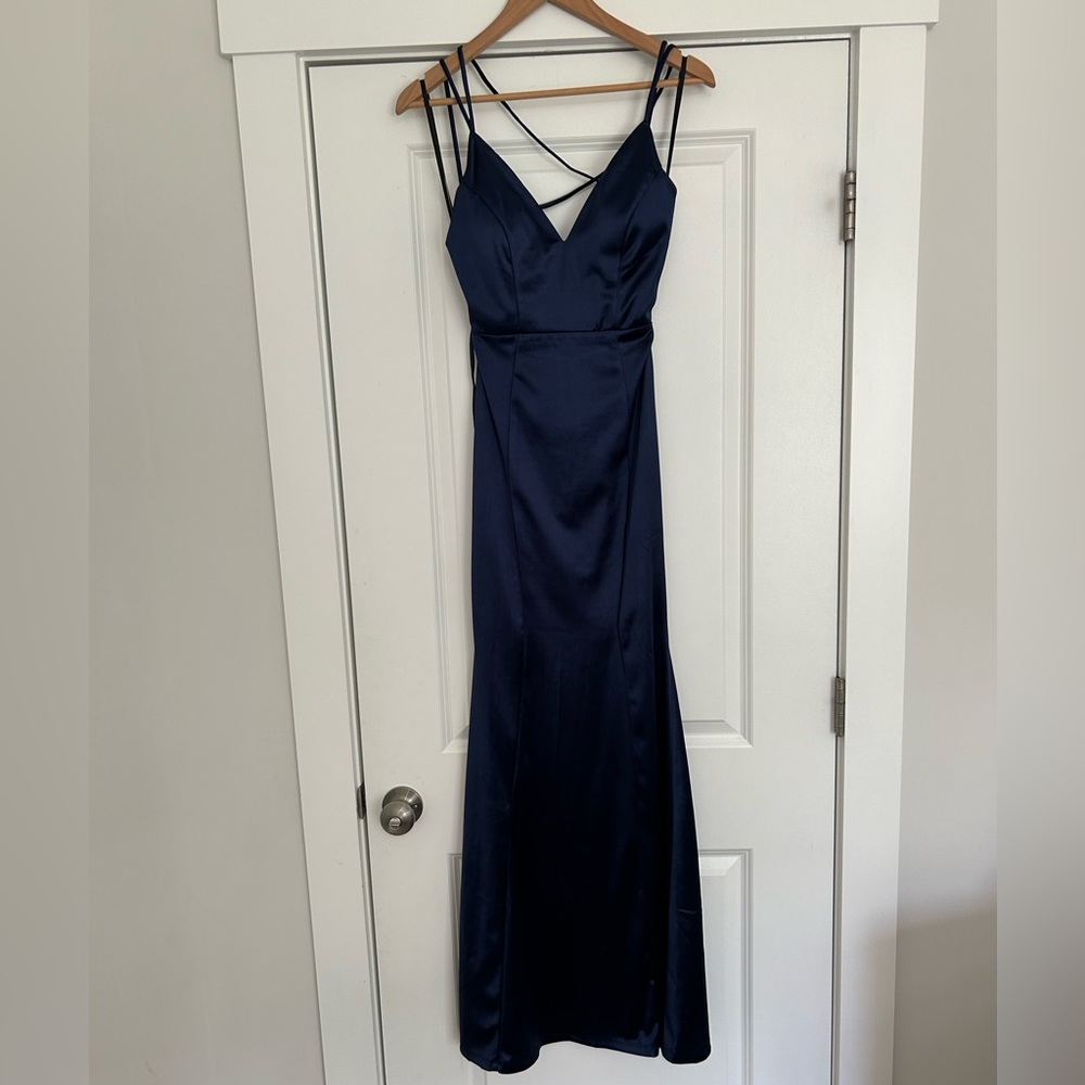 Long navy blue satin prom dress
